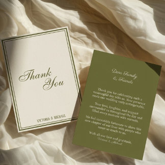 Chic Olive Green Ivory Old Money Wedding Thank You Card