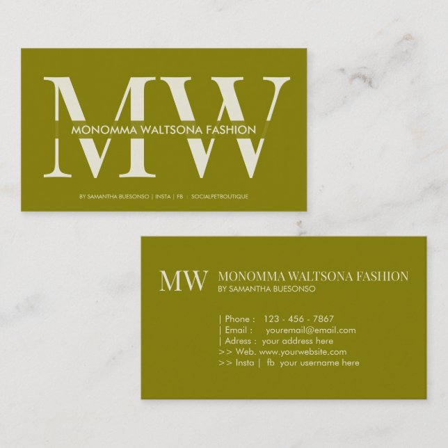 Chic olive green monogram lettering name business card (Front/Back)