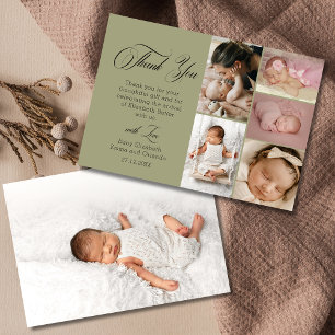Chic Olive Green Six Photo Baby Shower Thank You Card
