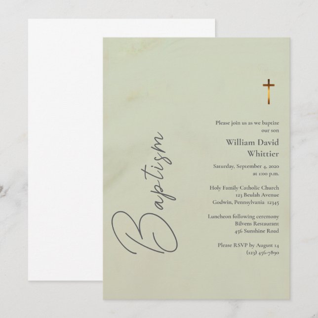 Chic Olive Roman Catholic Baptism Invitation (Front/Back)