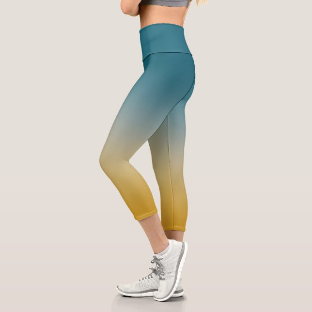 Chic Ombre In Teal Grey And Mustard Capri Leggings (Left)