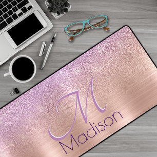 Chic ombre pink rose blush glitter monogram desk mat