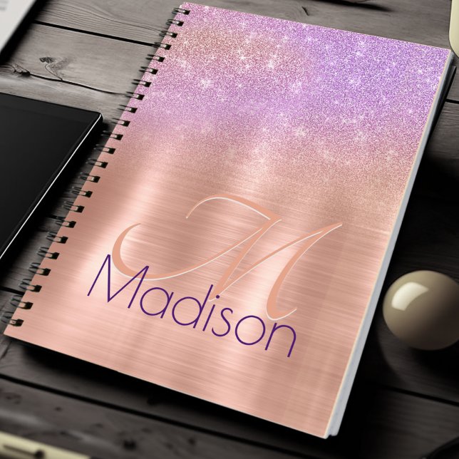 Chic ombre pink rose blush glitter monogram notebook (Creator Uploaded)
