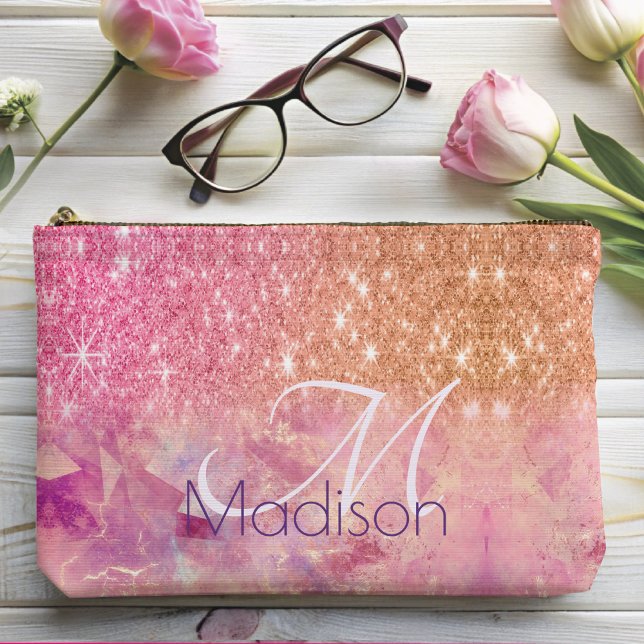 Chic ombre rose blush pink glitter monogram accessory pouch (Creator Uploaded)