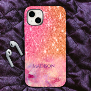 Chic ombre rose blush pink glitter monogram iPhone 15 case