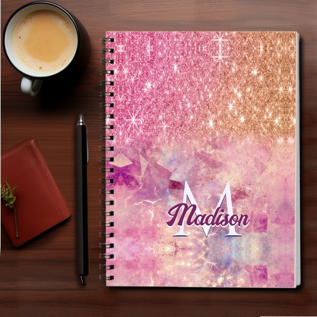 Chic ombre rose blush pink glitter monogram notebook (Creator Uploaded)
