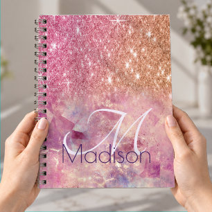 Chic ombre rose blush pink glitter monogram notebook