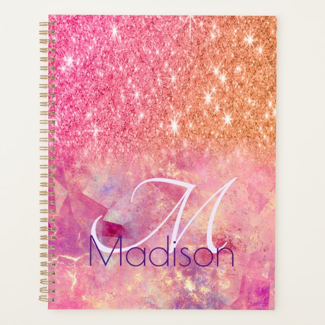 Chic ombre rose blush pink glitter monogram planner (Front)