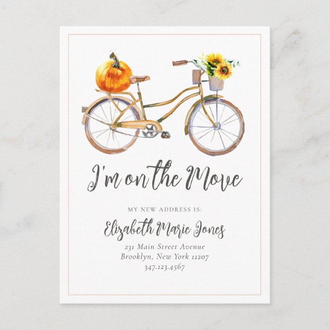 Chic On the Move Pumpkin Sunflower Bicycle Moving Announcement Postcard (Front)