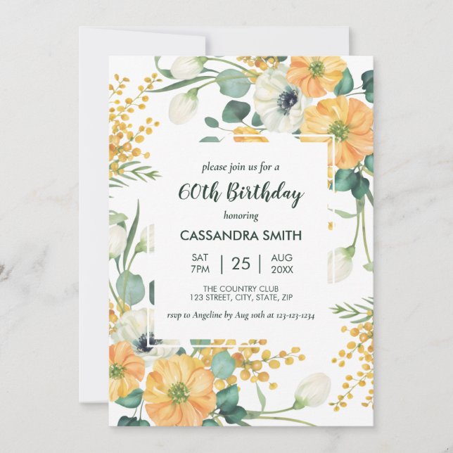 Chic Orange Anemone Greenery Floral Birthday Invitation (Front)