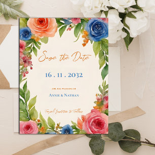 Chic Orange Blue Flowers Bloom Floral  Wedding  Announcement Postcard