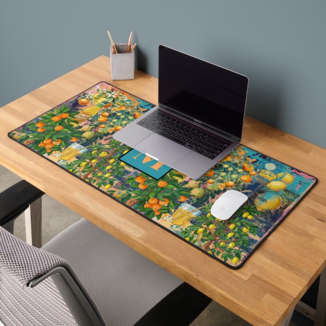 Chic orange blue turquoise sicilian citrus collage desk mat (Office 2)