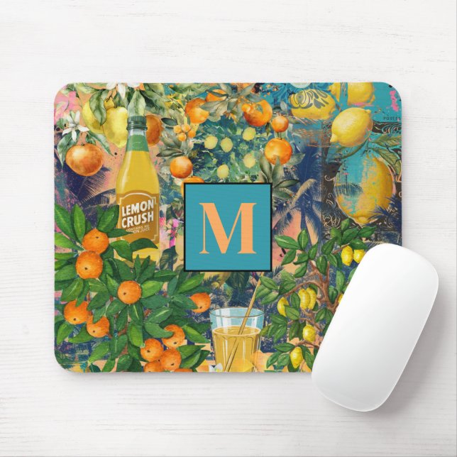 Chic orange blue turquoise sicilian citrus collage mouse pad (With Mouse)