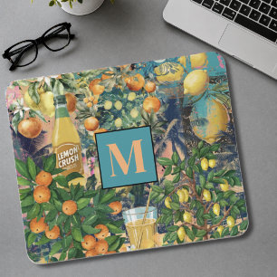 Chic orange blue turquoise sicilian citrus collage mouse pad