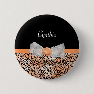 Chic Orange Cheetah Print Cute Rose Bow and Name 6 Cm Round Badge