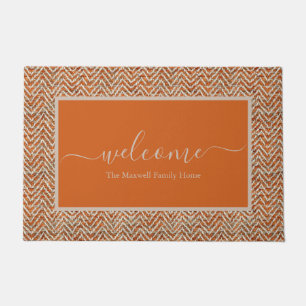 Chic orange chevron script name doormat