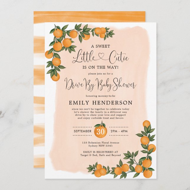 Chic Orange Drive By Baby Shower Citrus Quarantine Invitation (Front/Back)