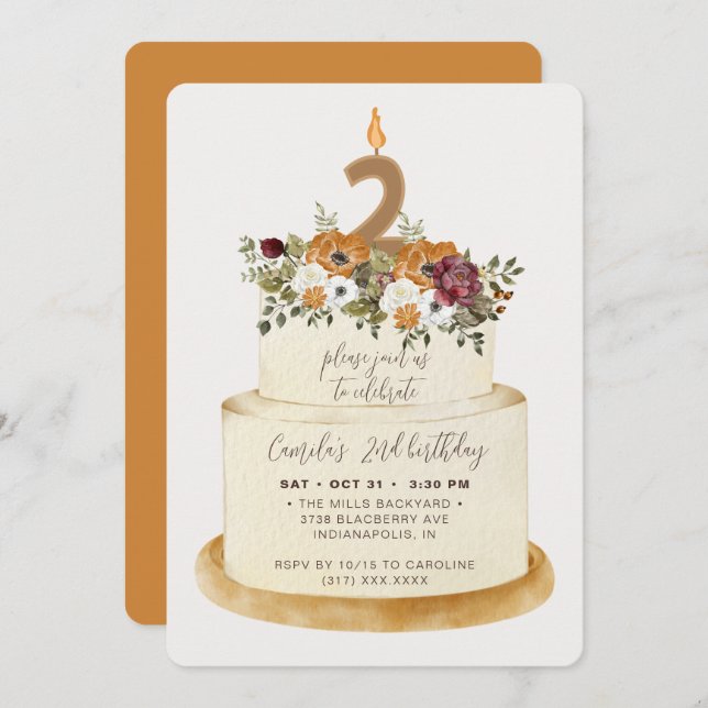 Chic Orange Fall Autumn 2nd Birthday Cake Invitation (Front/Back)
