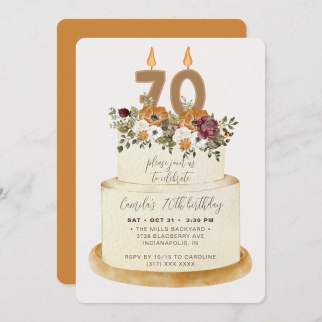 Chic Orange Fall Autumn 70th Birthday Cake  Invitation (Front/Back)