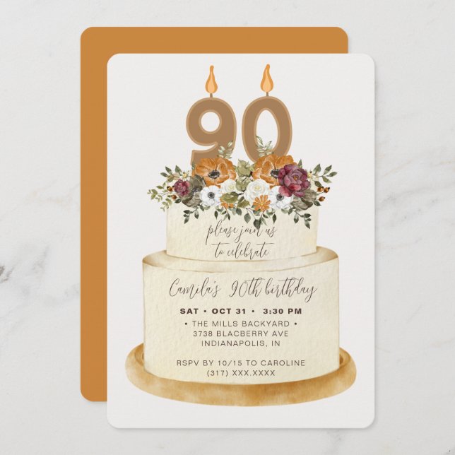 Chic Orange Fall Autumn 90th Birthday Cake Invitation (Front/Back)