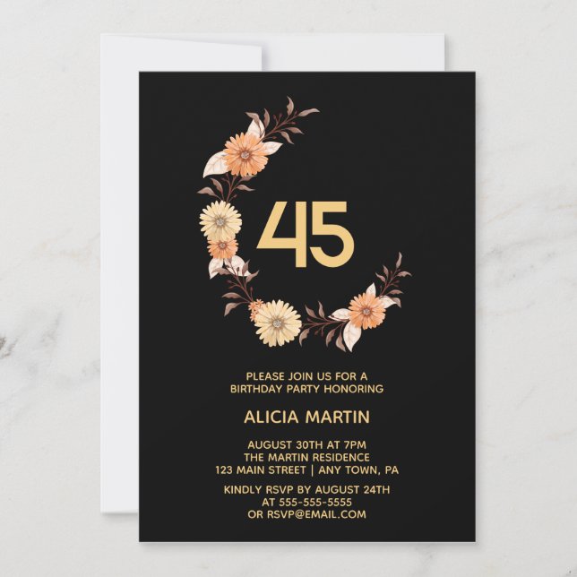 Chic Orange Flower Botanical Gold Black Birthday Invitation (Front)