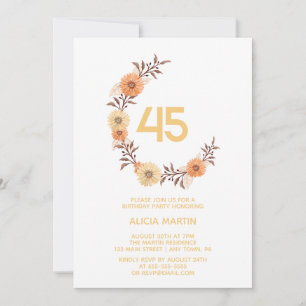Chic Orange Flower Botanical Gold White Birthday Invitation