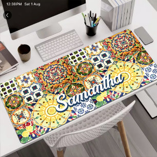 Chic Orange Geometric Mediterranean Monogram Tiles Desk Mat
