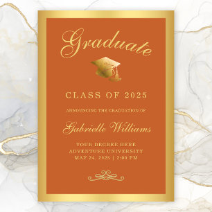Chic Orange Gold Frame Script Graduation Announcement