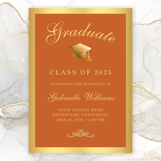 Chic Orange Gold Frame Script Graduation Announcement (Chic Orange Gold Border Typography Graduation Announcement)