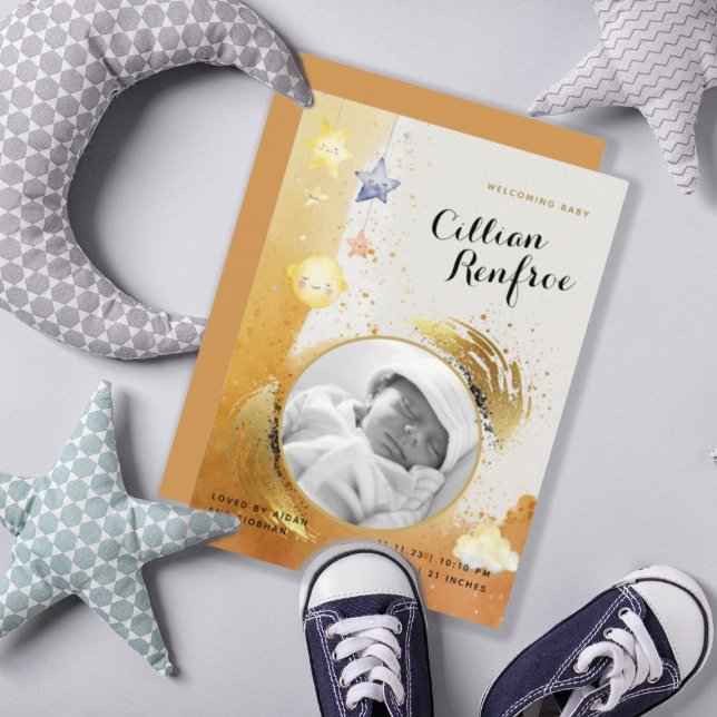 Chic Orange Gold Glitter Baby Birth Announcement (Creator Uploaded)