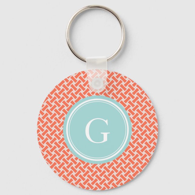 Chic orange herringbone geometric pattern monogram key ring (Front)