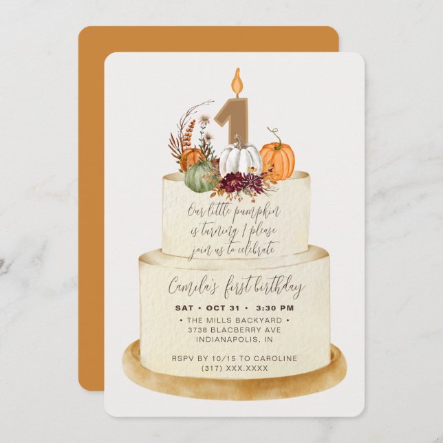 Chic Orange Little Pumpkin First Birthday Cake Invitation (Front/Back)