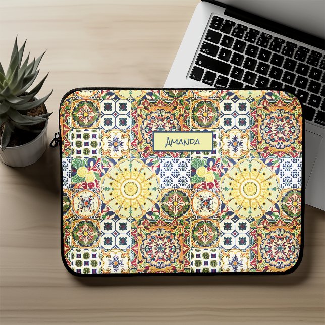 Chic Orange Mediterranean Ceramic Tile Monogram Laptop Sleeve (Creator Uploaded)