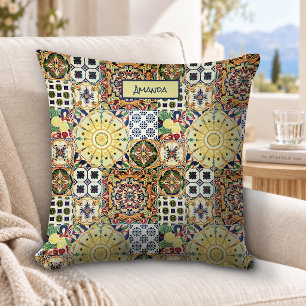 Chic Orange Mediterranean Tile Monogram Cushion