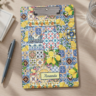 Chic Orange Mediterranean Tile Monogram Vase Clipboard