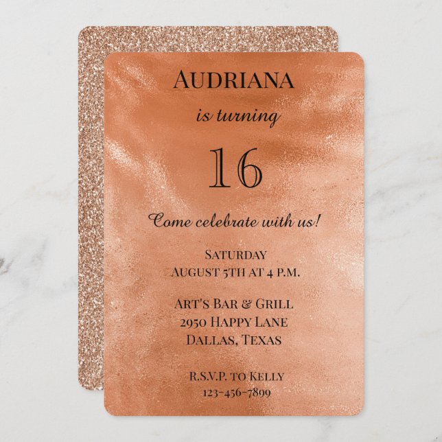 Chic Orange Peach Spice Glam Glitter Birthday Invitation (Front/Back)