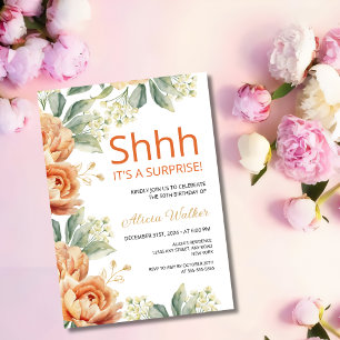 Chic Orange Peony Gold Leaf Surprise Birthday  Invitation