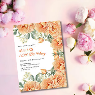 Chic Orange Peony Rustic Floral Greenery Birthday  Invitation