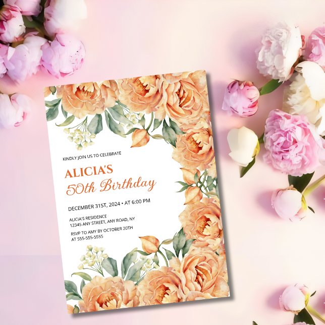 Chic Orange Peony Rustic Floral Greenery Birthday  Invitation (Creator Uploaded)