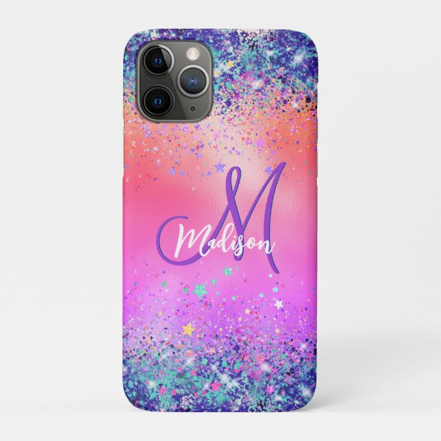 Chic orange pink iridescent faux glitter monogram Case-Mate iPhone case (Back)