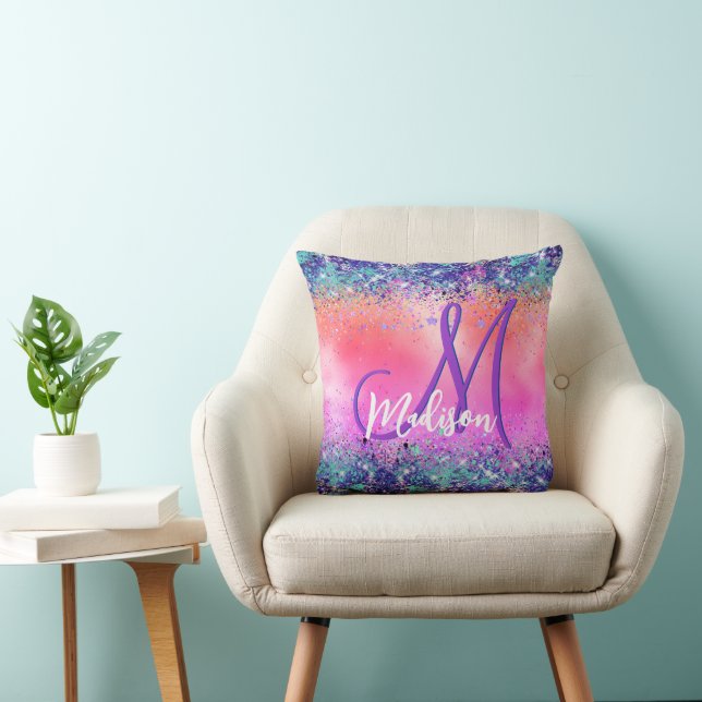 Chic orange pink iridescent faux glitter monogram cushion (Chair)