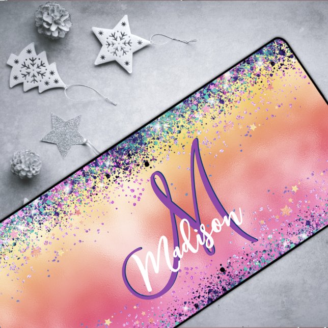 Chic orange pink iridescent faux glitter monogram desk mat (Creator Uploaded)