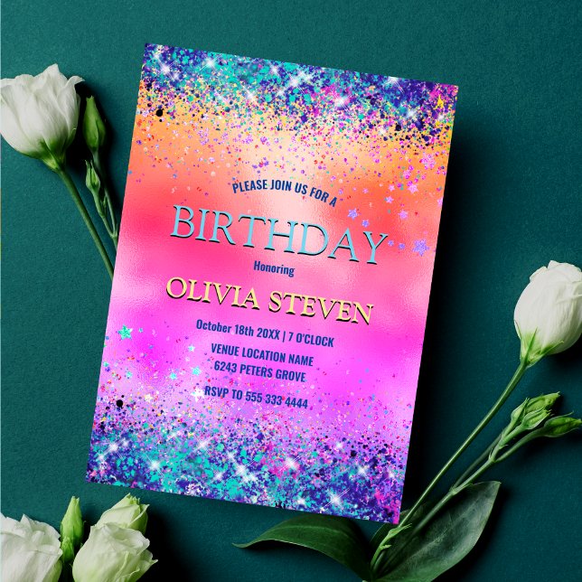 Chic orange pink iridescent faux glitter monogram invitation (Creator Uploaded)