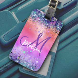 Chic orange pink iridescent faux glitter monogram luggage tag