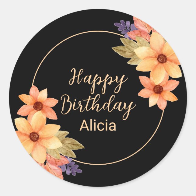 Chic Orange Red Fall Flora Black Birthday Classic Round Sticker (Front)