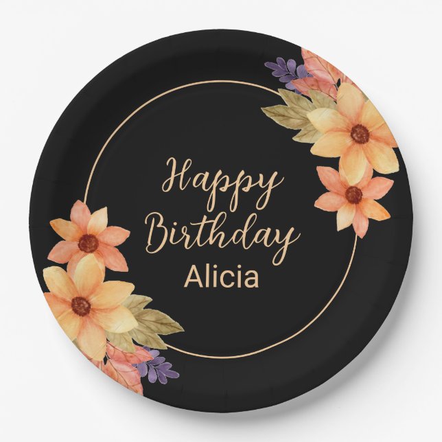 Chic Orange Red Fall Flora Black Birthday Paper Plate (Front)