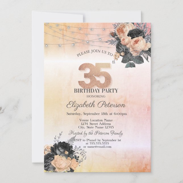 Chic Orange Roses String Lights 35th Birthday Invitation (Front)