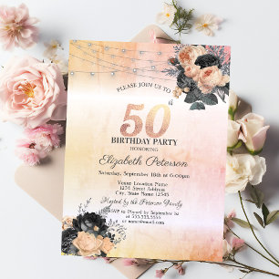 Chic Orange Roses String Lights 50th Birthday Invitation