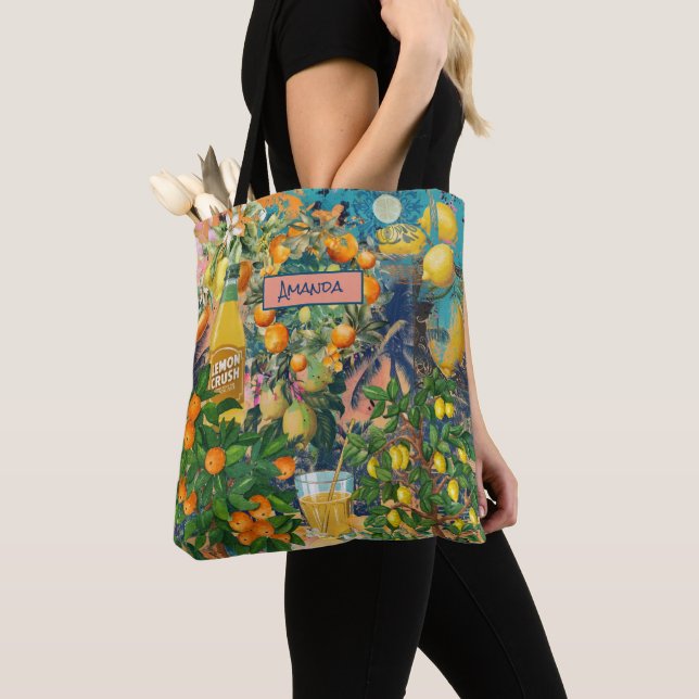 Chic orange sicilian citrus collage floral tiles  tote bag (Close Up)