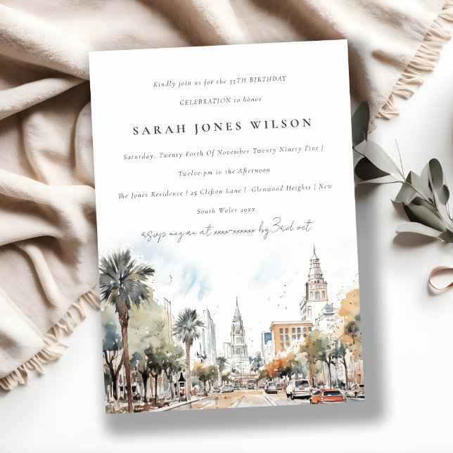 Chic Orlando Florida Skyline Watercolor Birthday Invitation (Creator Uploaded)
